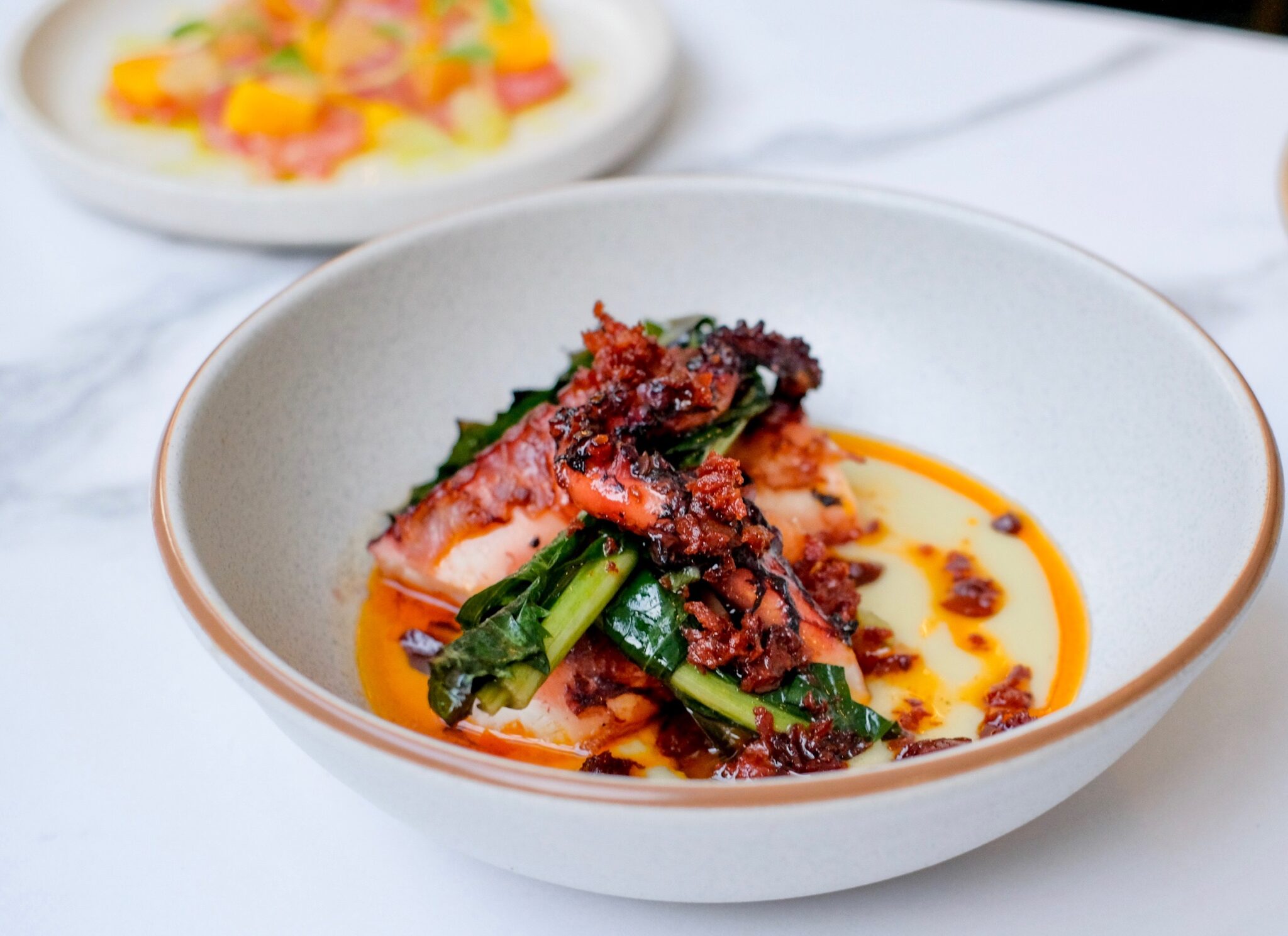 Recipe: Slow-cooked octopus, white fava beans puree, chicory and ...