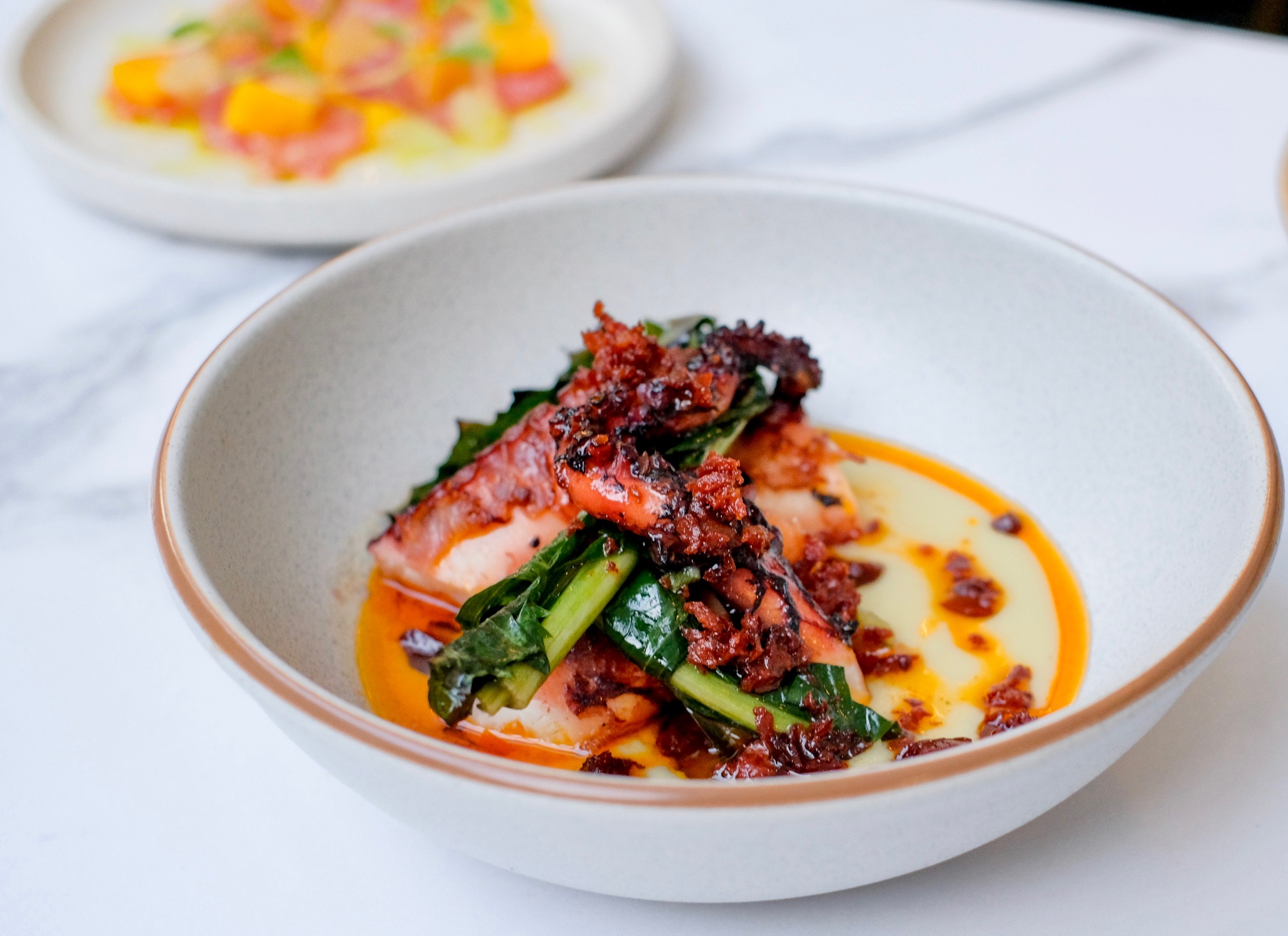 A plate of chargrilled octopus with fava bean puree and chicory and chorizo oil