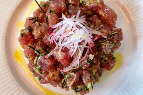 Rosetta Melbourne's Tonno (Yellowfin tuna crudo, radish, colatura, charcoal cracker).