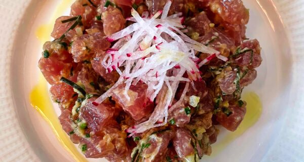 Rosetta Melbourne's Tonno (Yellowfin tuna crudo, radish, colatura, charcoal cracker).